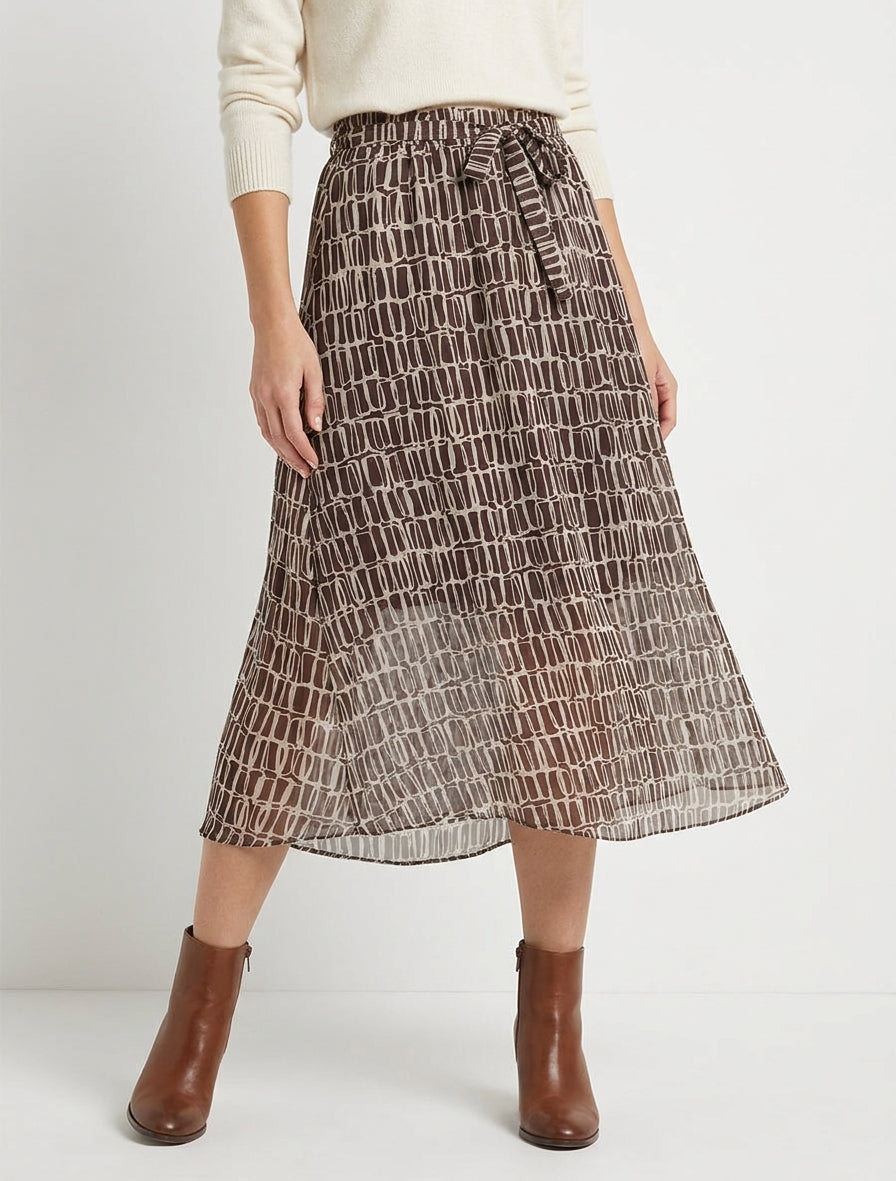 Jupe midi évasée à ceinture nouée - Marron