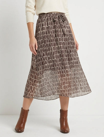 Jupe midi évasée à ceinture nouée - Marron
