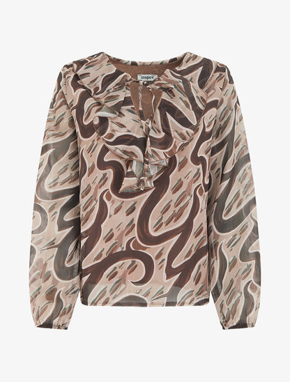 Top droit col volanté et imprimé graphique - Beige - 1
