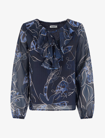 Top droit col volanté et imprimé floral léopard - Marine - 1