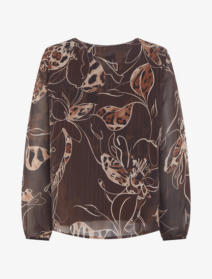 Top droit col volanté et imprimé floral léopard - Marron - 2