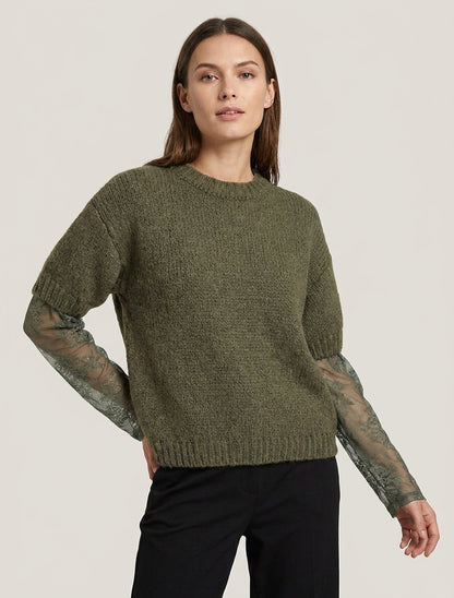 Pull bimatière empiècement dentelle - Kaki