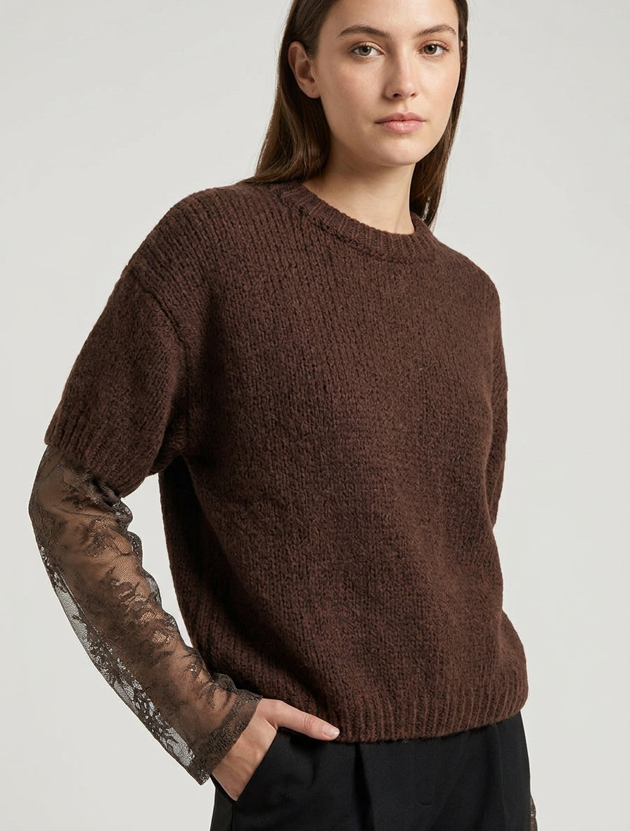 Pull bimatière empiècement dentelle - Marron