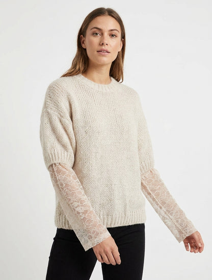 Pull bimatière empiècement dentelle - Beige