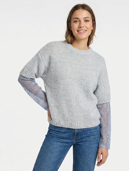 Pull bimatière empiècement dentelle - Gris