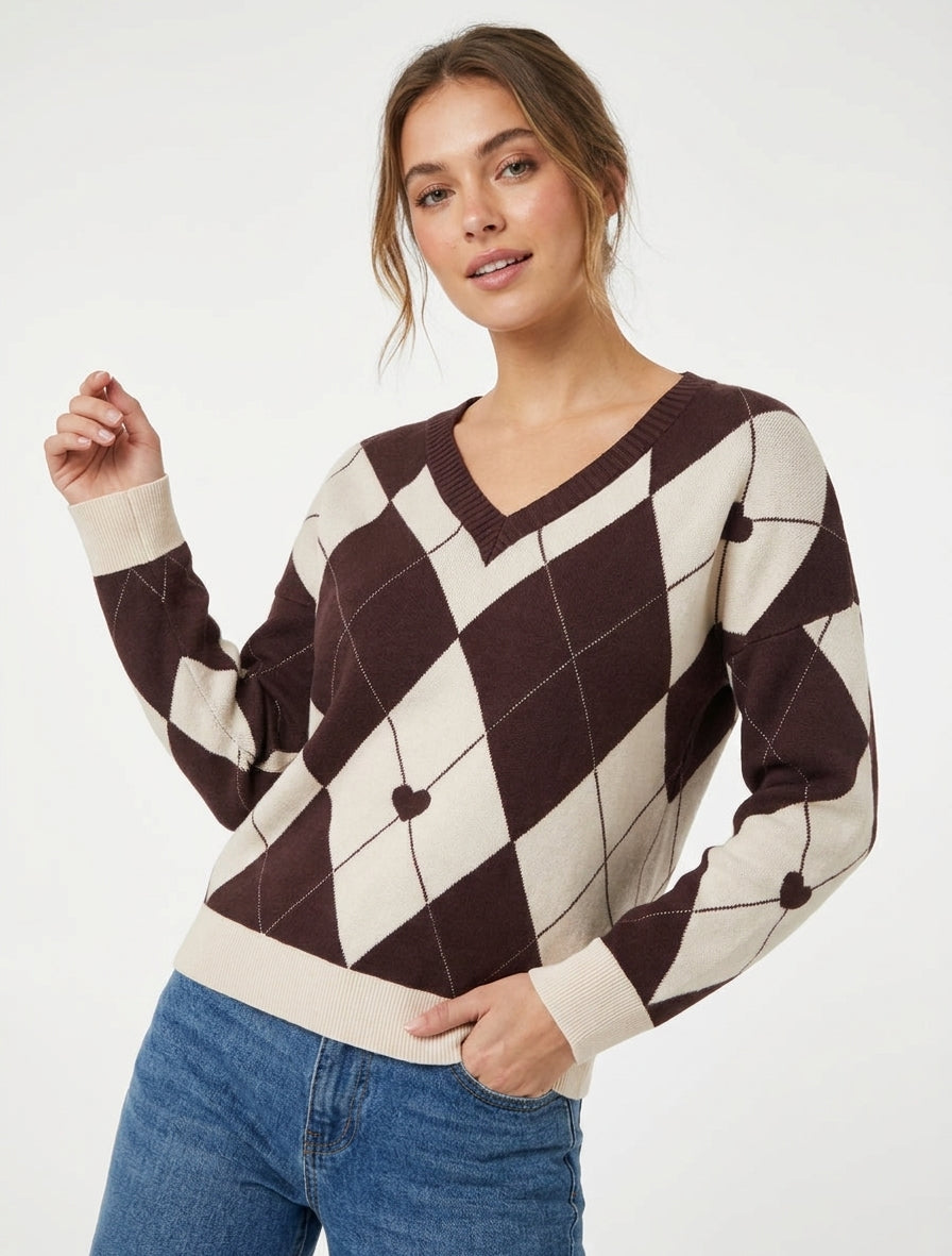 Pull col V motif carreaux coeur - Marron/beige
