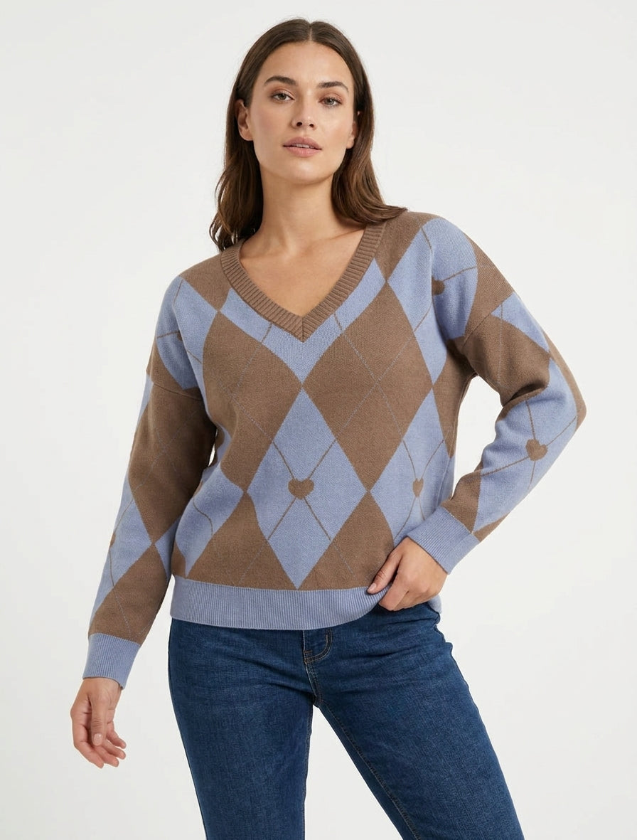 Pull à col V carreaux et cœur - Marron/bleu