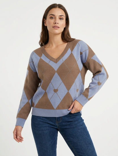 Pull à col V carreaux et cœur - Marron/bleu