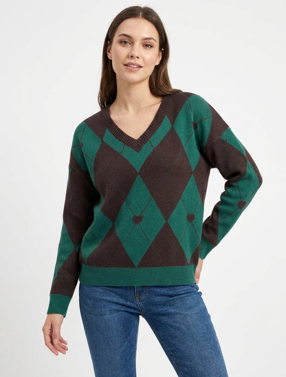 Pull à col V carreaux et cœur - Marron/vert foncé