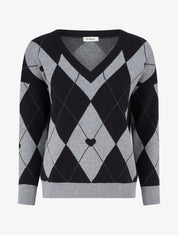 Pull à col V motif carreaux et coeur - Noir/gris - 1