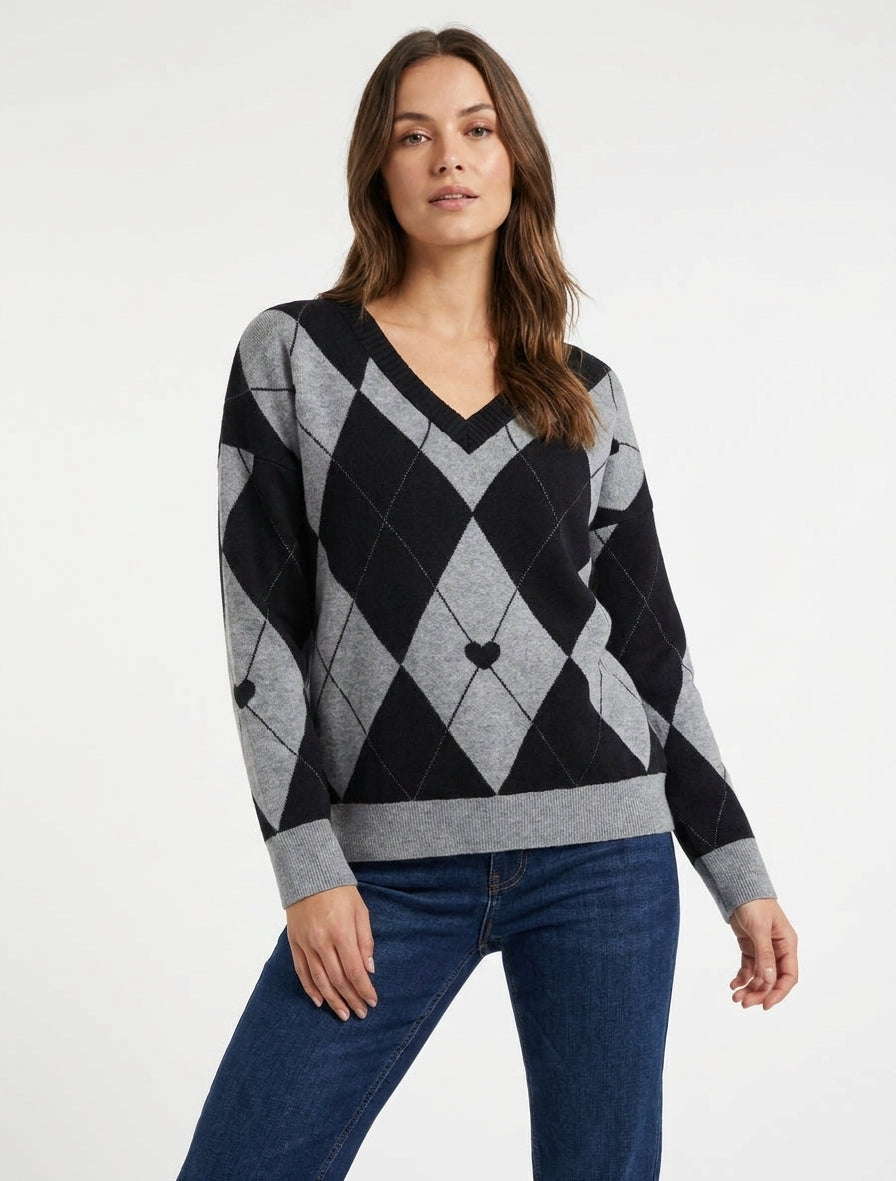Pull à col V carreaux et cœur - Noir/gris
