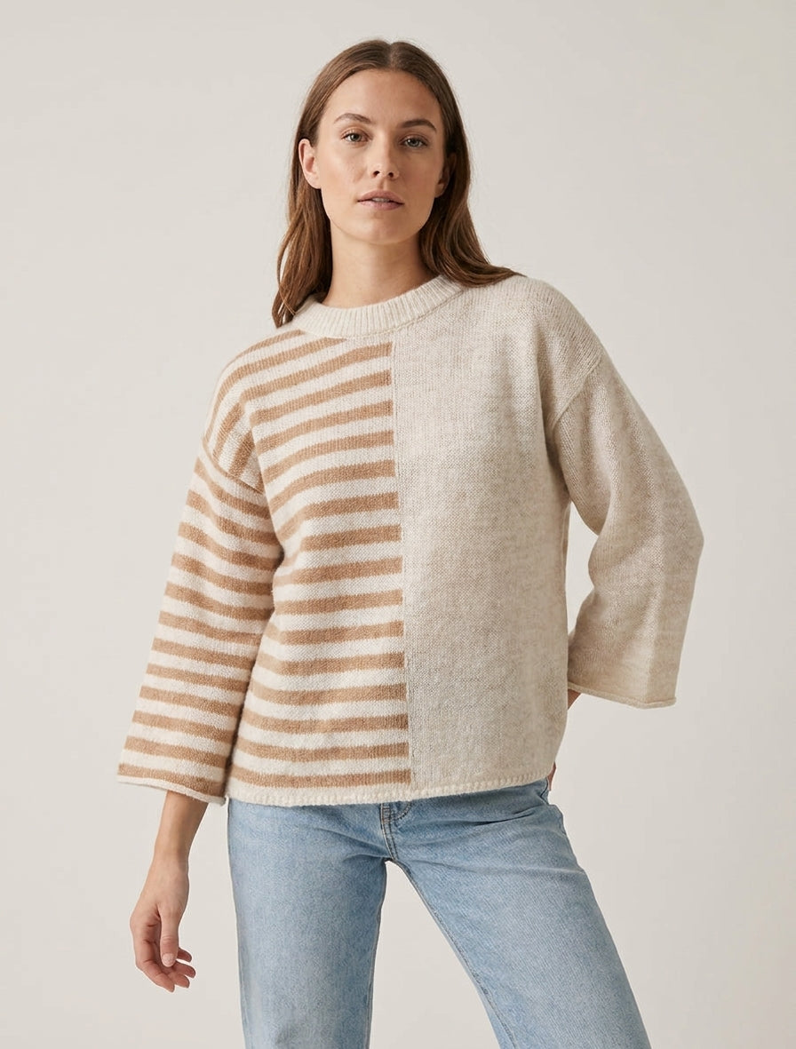 Pull en mohair à rayures et manches longues - Beige