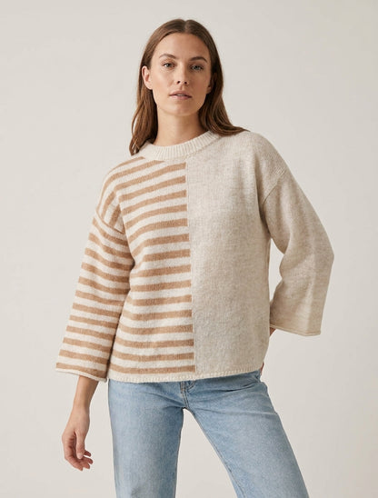 Pull en mohair à rayures et manches longues - Beige