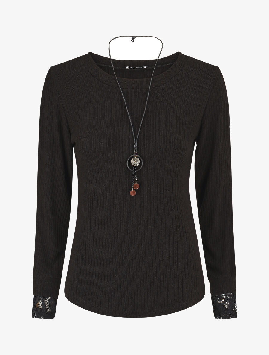 Pull côtelé à manches détails dentelle - Noir - 1