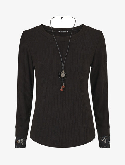 Pull côtelé à manches détails dentelle - Noir - 1