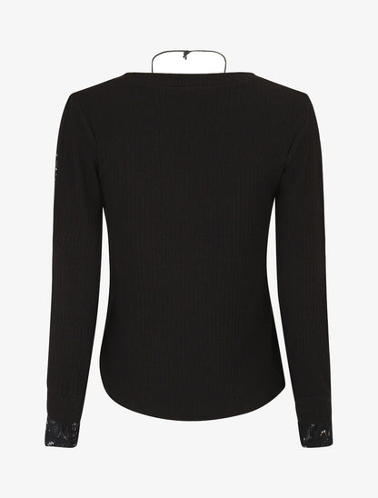 Pull côtelé à manches détails dentelle - Noir - 2
