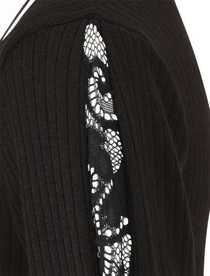 Pull côtelé à manches détails dentelle - Noir - 3