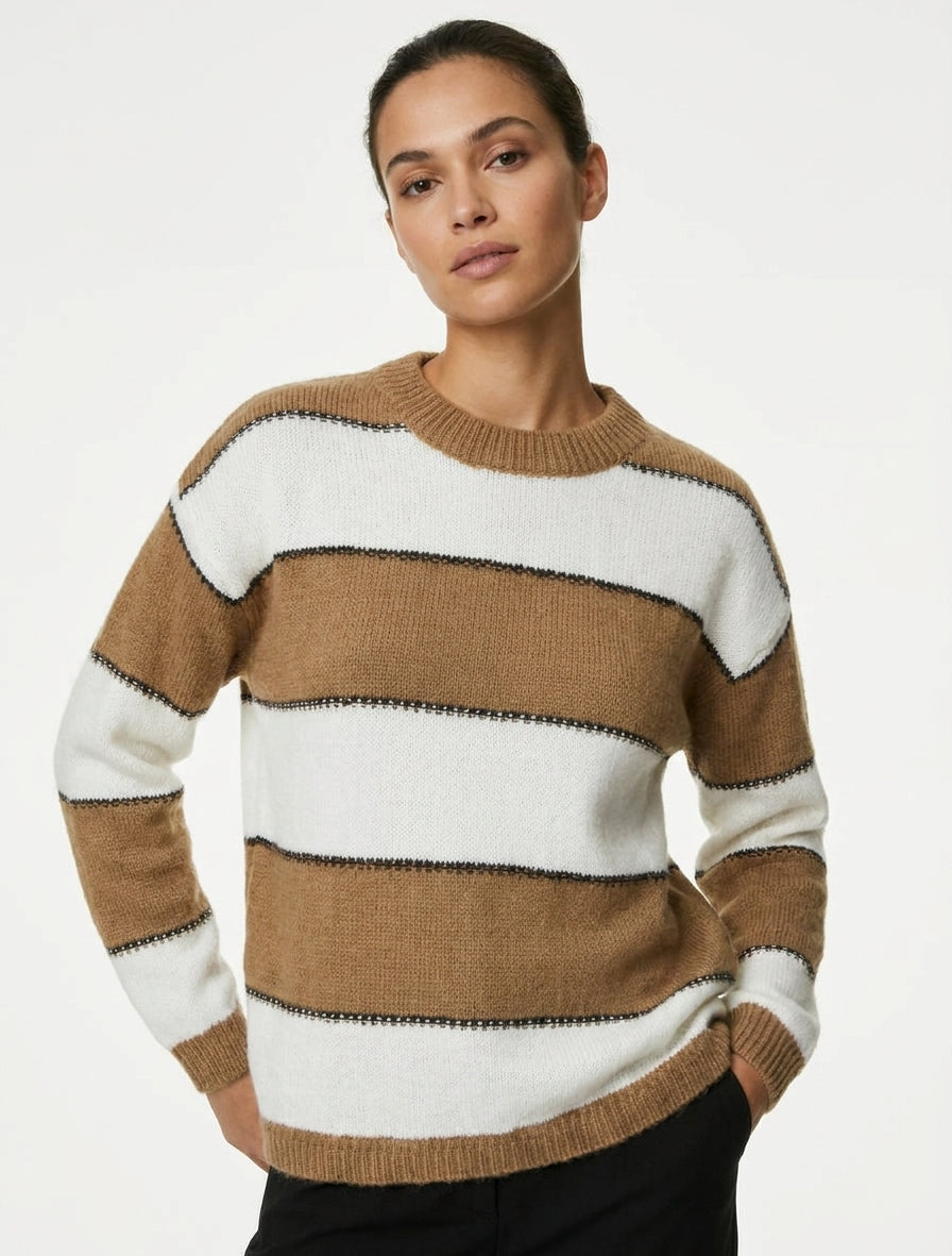 Pull rayures tricolore col rond - Camel