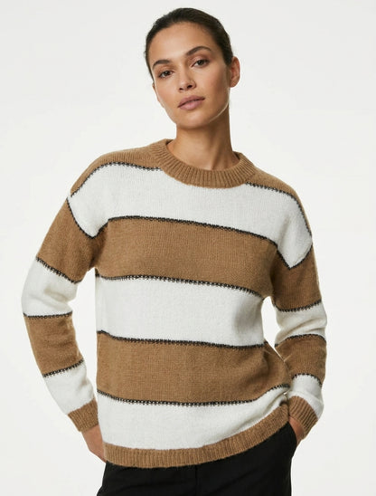 Pull rayures tricolore col rond - Camel