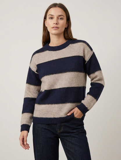 Pull à rayures col rond en mohair - Marine