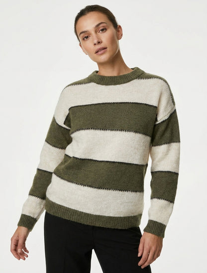 Pull col rond rayures tricolore - Kaki