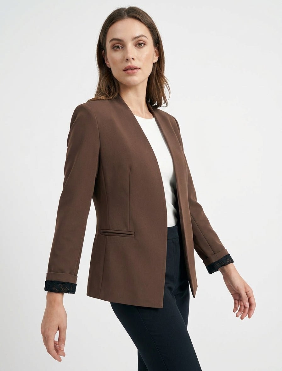 Veste droite à poignets dentelle - Marron