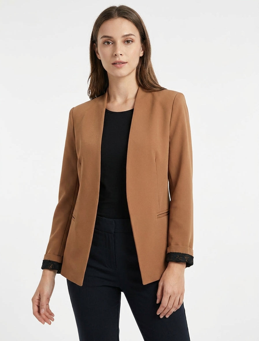 Veste droite poignets dentelle - Camel