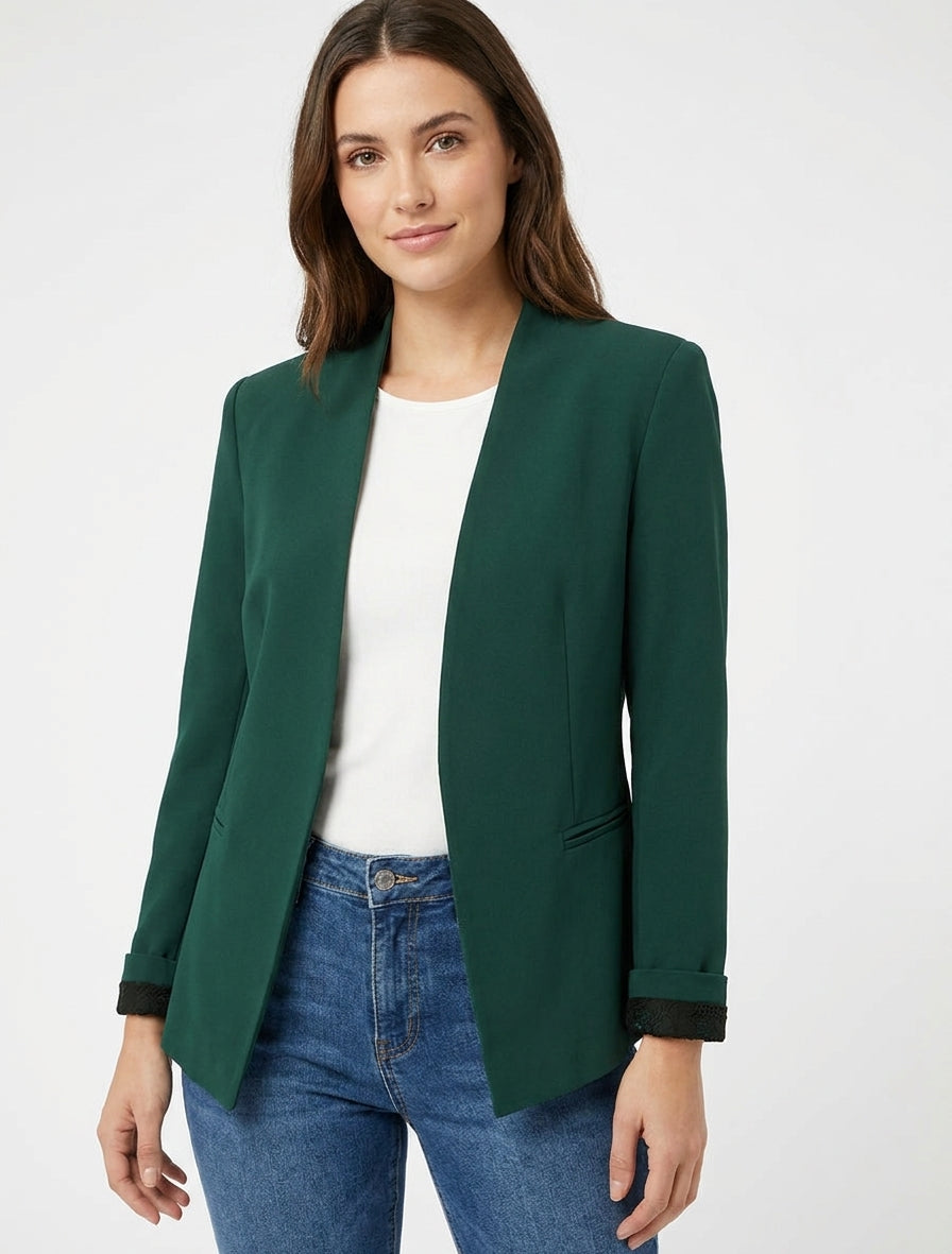 Veste droite col droit à épaulettes - Vert foncé
