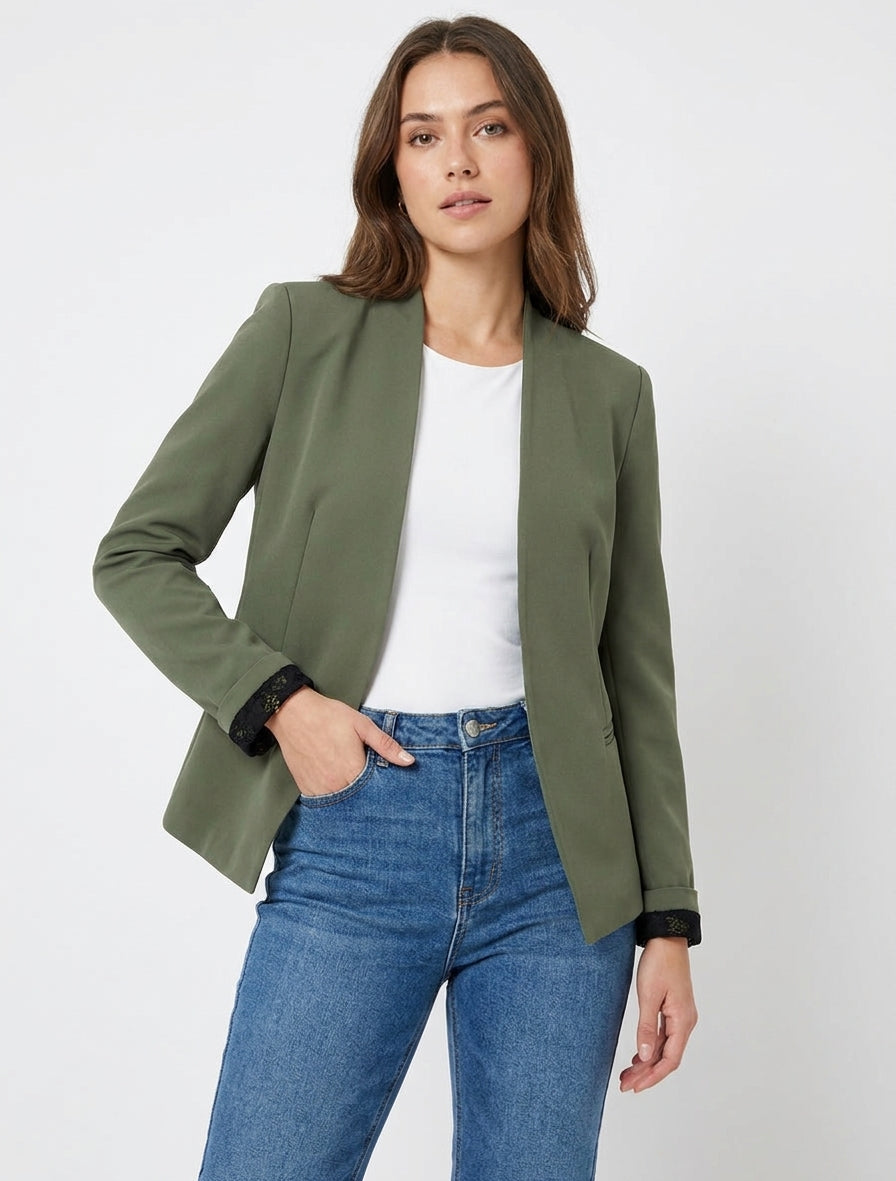 Veste droite col droit à épaulettes - Kaki
