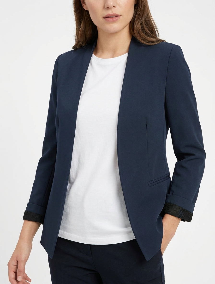 Veste droite col droit à dentelle - Marine