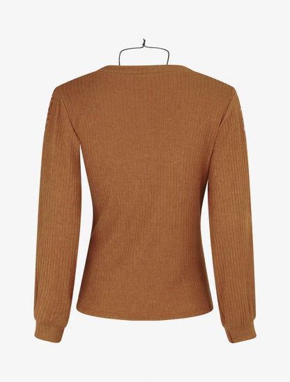 Pull côtelé à manches détails dentelle - Camel - 2