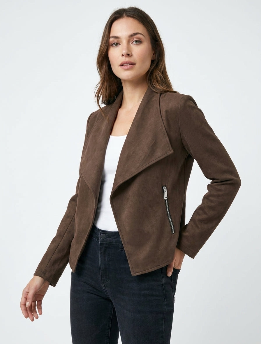 Veste droite en suédine à col cranté - Marron