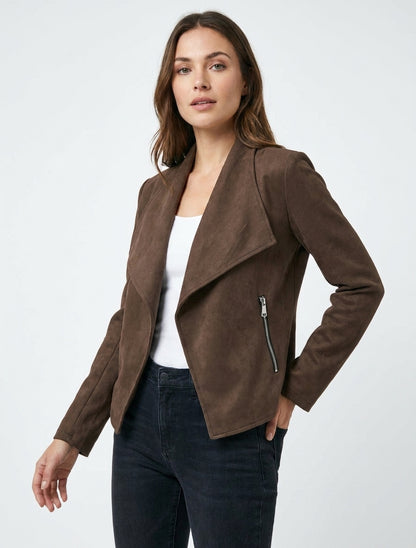 Veste droite en suédine à col cranté - Marron
