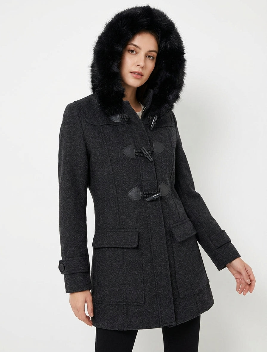 Duffle-coat à brandebourgs et capuche - Gris anthracite