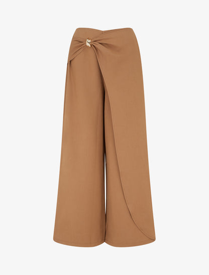 Pantalon ample à pan et bijou métallique - Camel - 1