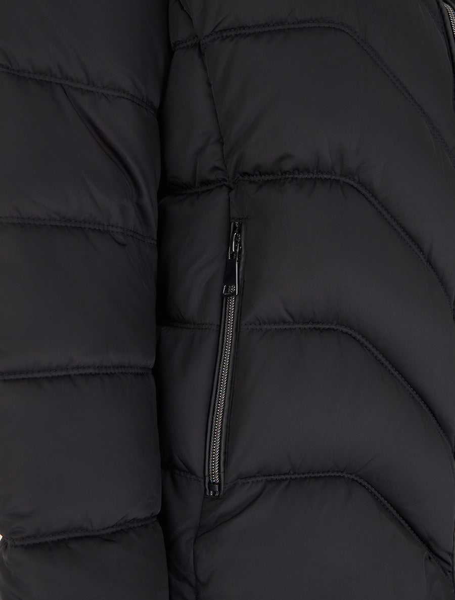 Doudoune à capuche amovible ornée de fourrure avec patch strassé - Noir - 3