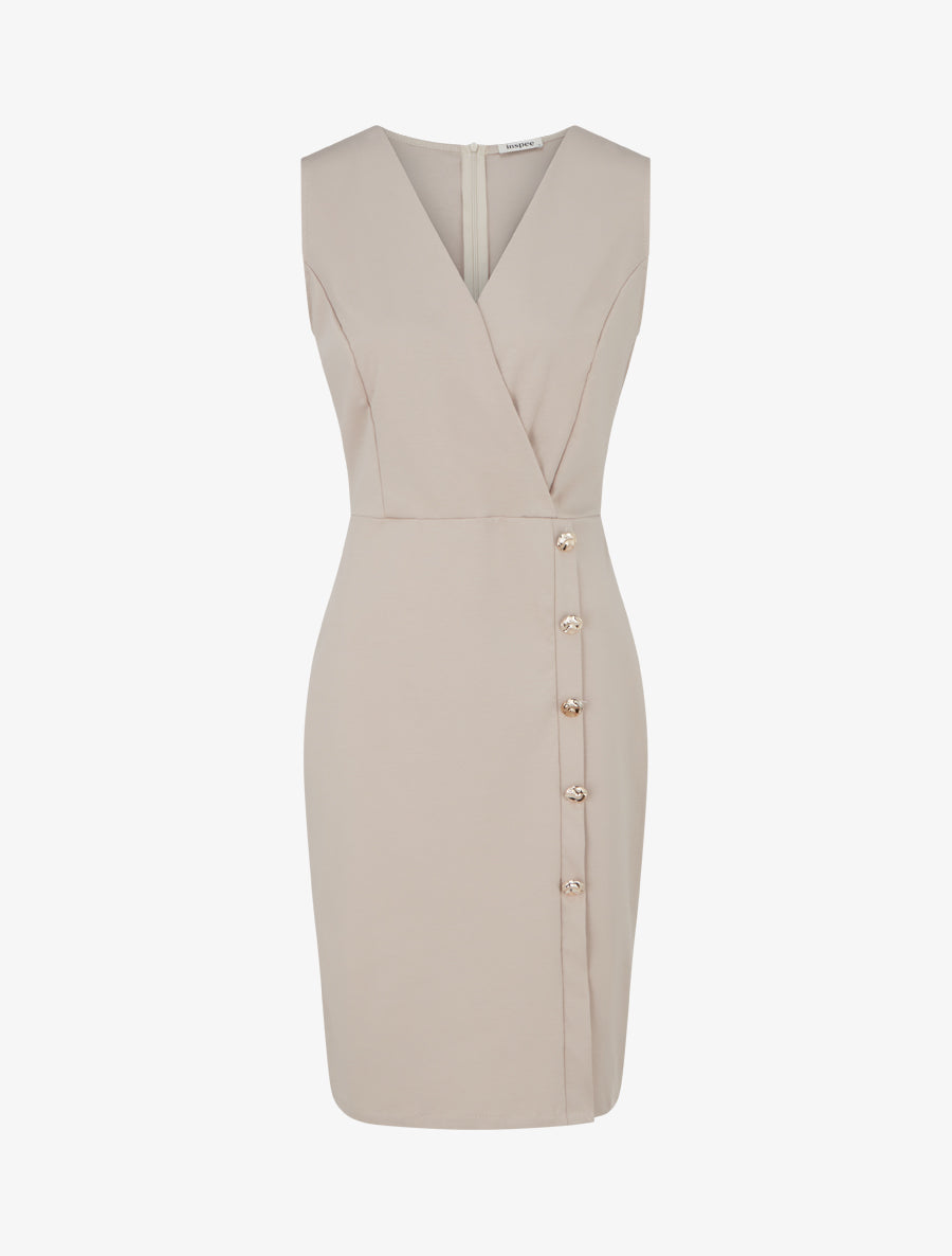 Robe cache-coeur sans manches à boutons décoratifs - Taupe - 1