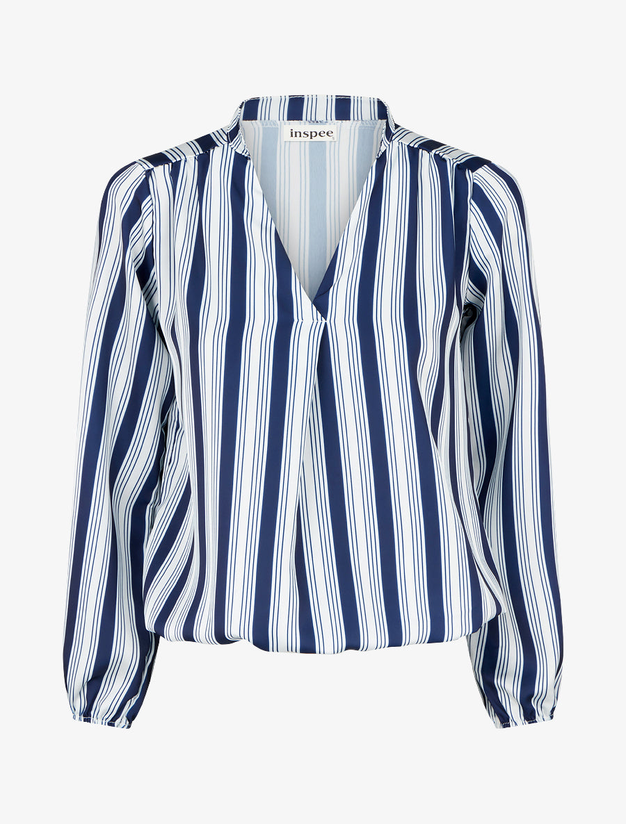 Blouse rayée satinée coupe boule - Marine - 1