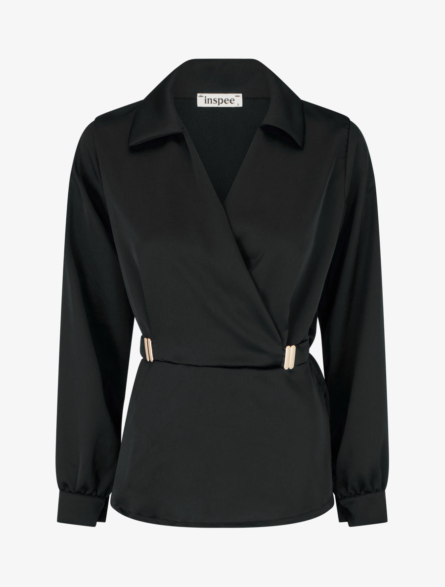 Blouse satinée à taille élastiquée - Noir - 1