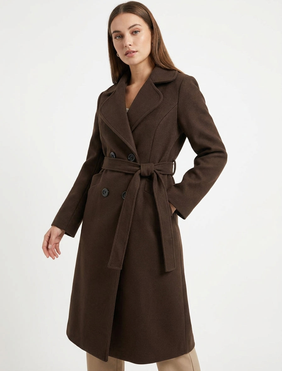 Manteau long ceinturé à épaulettes - Marron