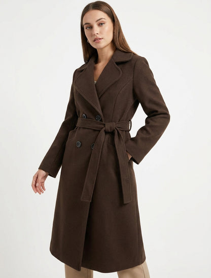 Manteau long ceinturé à épaulettes - Marron