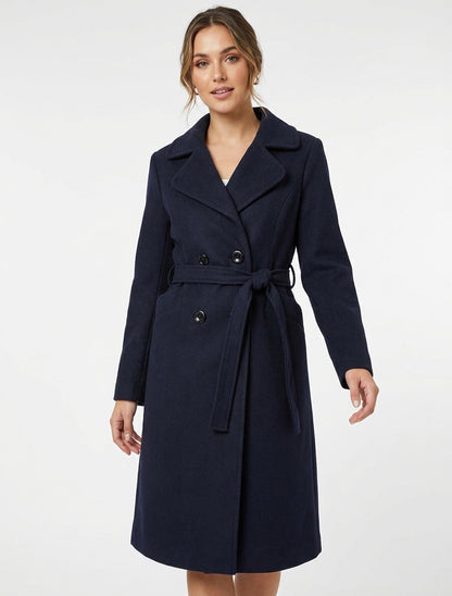 Manteau long ceinturé à épaulettes - Marine