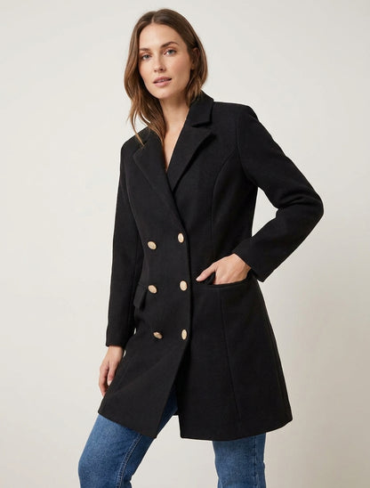 Manteau droit col cranté à épaulettes - Noir