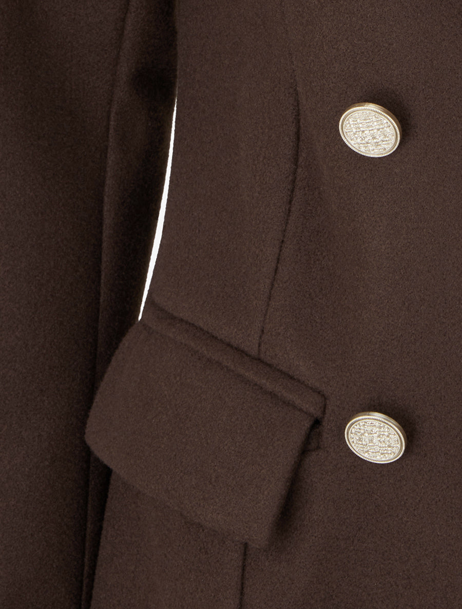 Manteau droit croisé en laine mélangé - Chocolat - 3