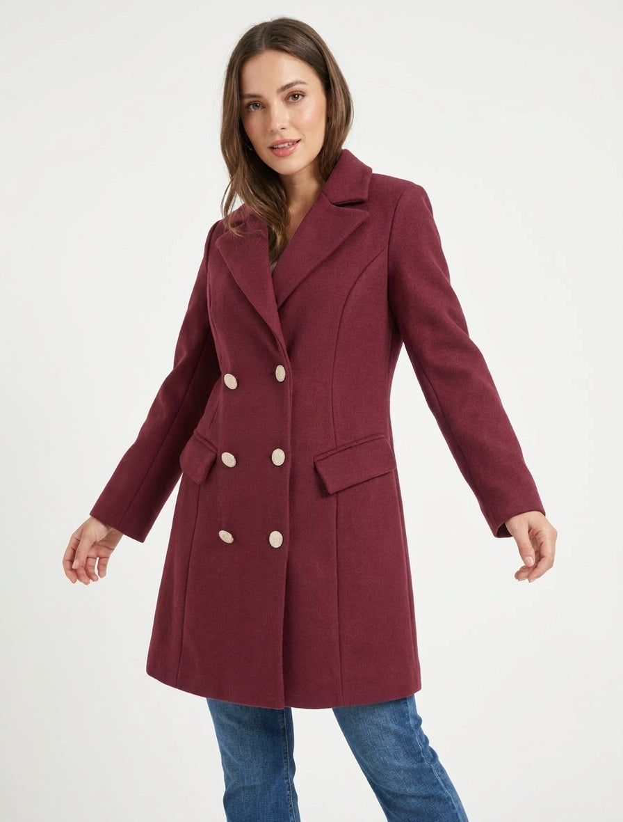 Manteau long croisé à épaulettes - Bordeaux