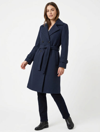 Manteau droit texturé à ceinture - Marine