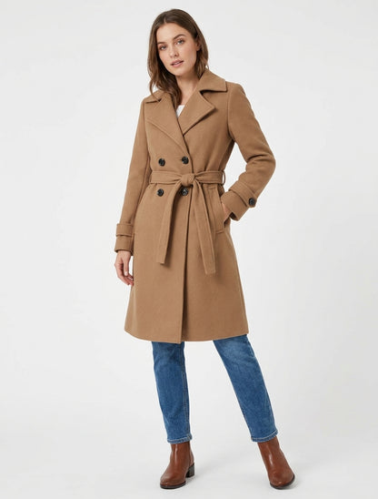 Manteau droit à épaulettes ceinturé - Camel