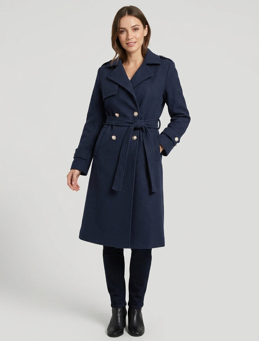 Manteau long texturé ceinturé - Marine