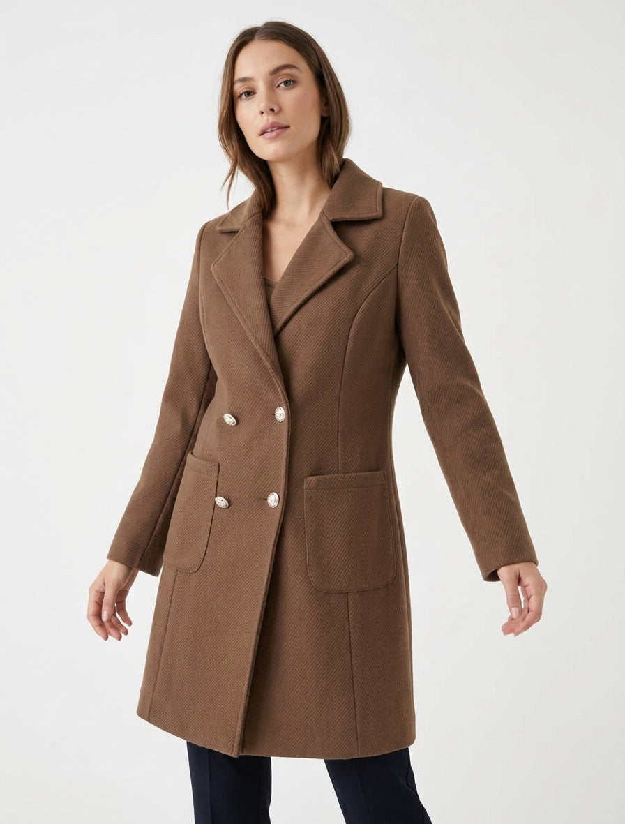 Manteau long croisé à épaulettes - Marron