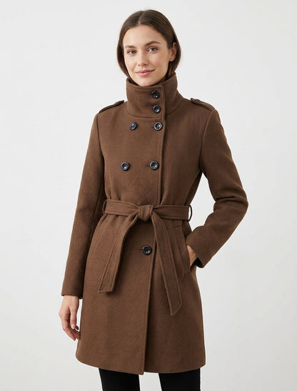 Manteau long ceinturé à épaulettes - Marron